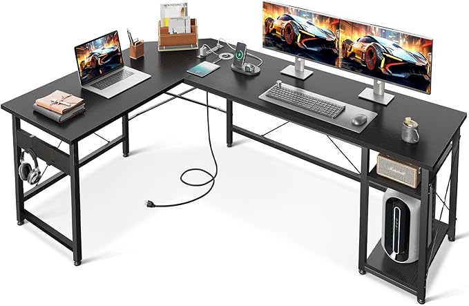 L Shaped Computer Desk 66" with Power Outlet & Storage Shelves