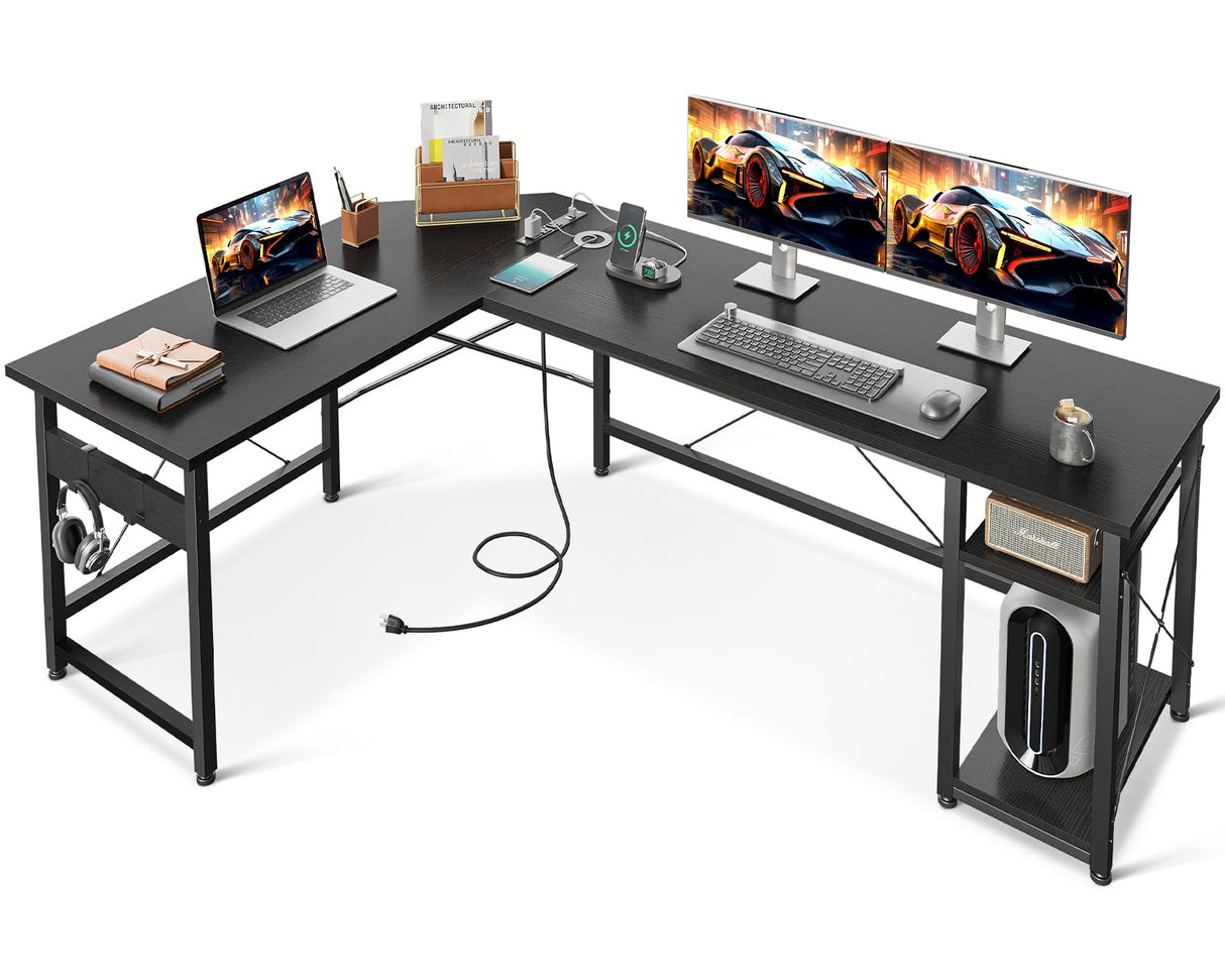 L Shaped Computer Desk 66" with Power Outlet & Storage Shelves