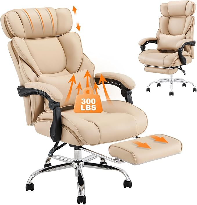 COLAMY Office Chair with Retractable Footrest, Ergonomic High Back Design Executive Computer Desk Chair with Removable Lumbar Pillow, 90-135°Reclining, Thick Bonded Leather for Home Office Work, Black