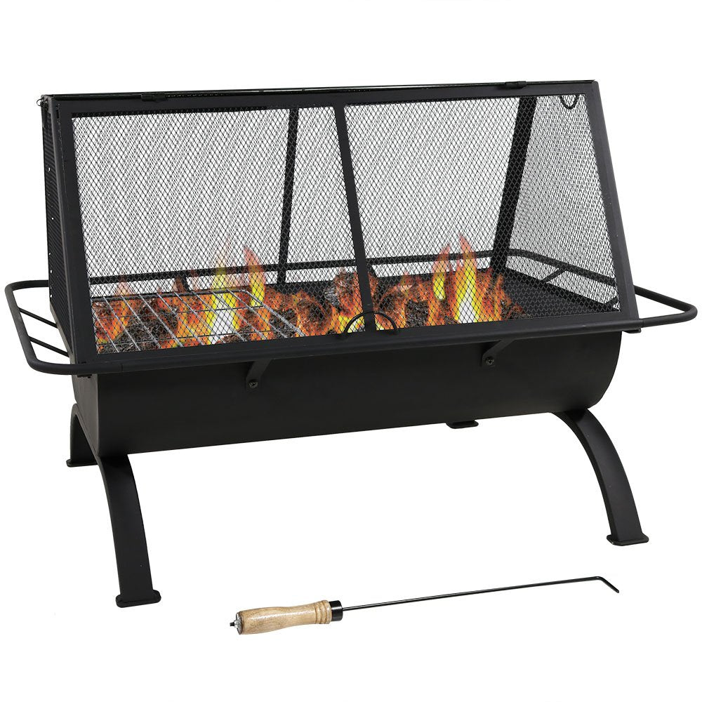Sunnydaze 36 - Inch Northland Steel Outdoor Fire Pit with Grill and Spark Screen - Vinyl Protective Cover - Black Finish - Bircata