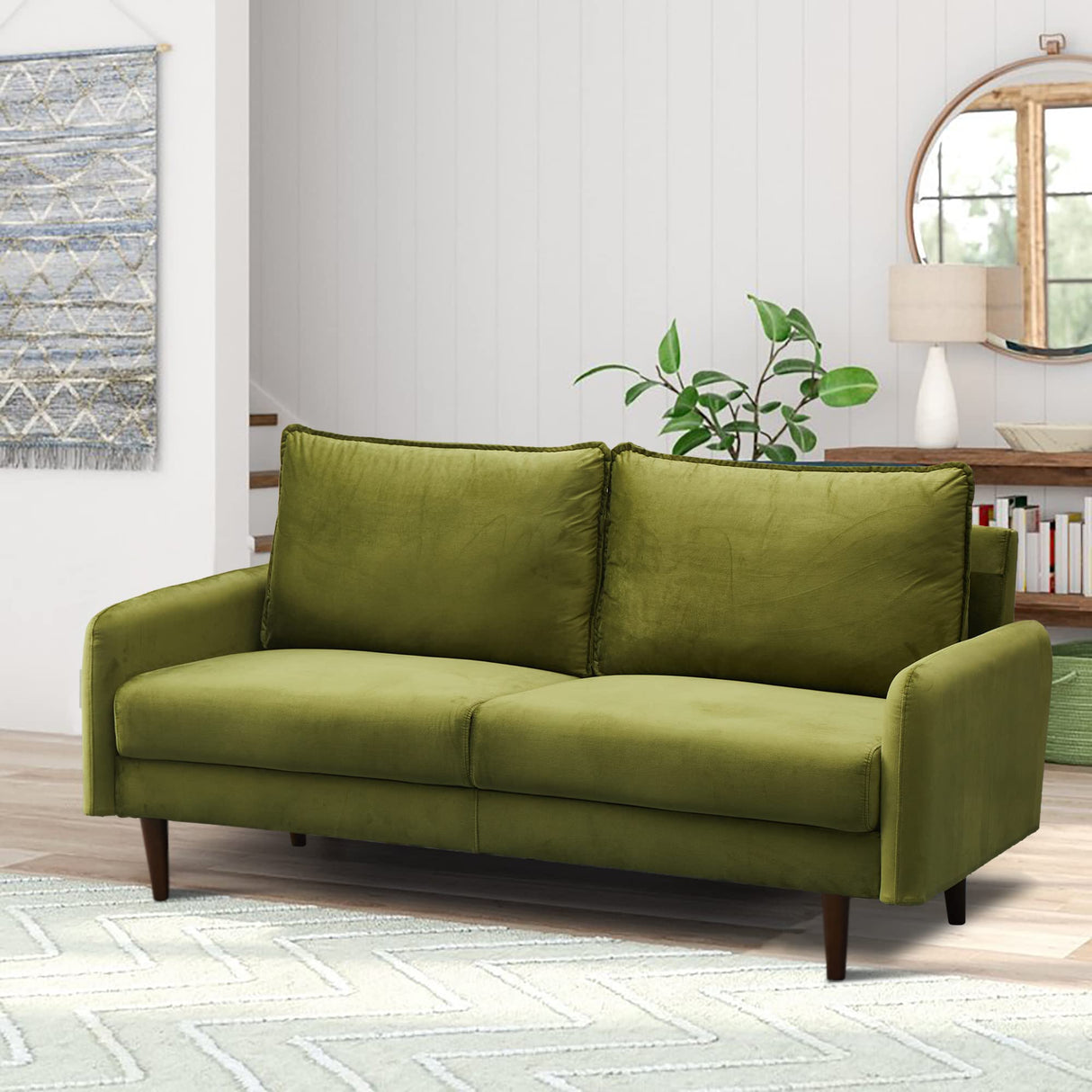 Velvet Sofa Mid-Century Modern Couch with Wooden Legs for Living Room - Army Green