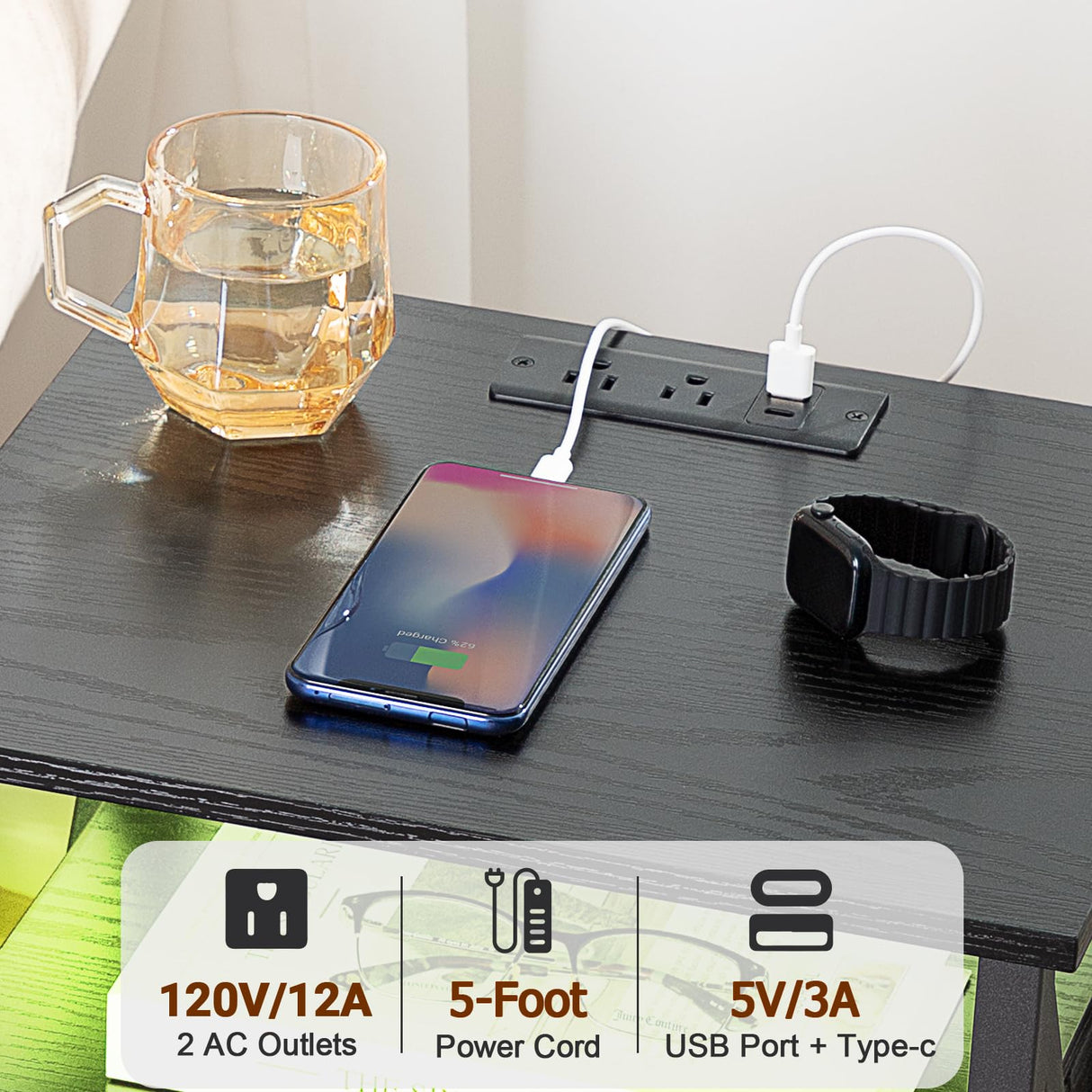 Night Stand Set 2, LED Nightstand with Charging Station, End Side Tables