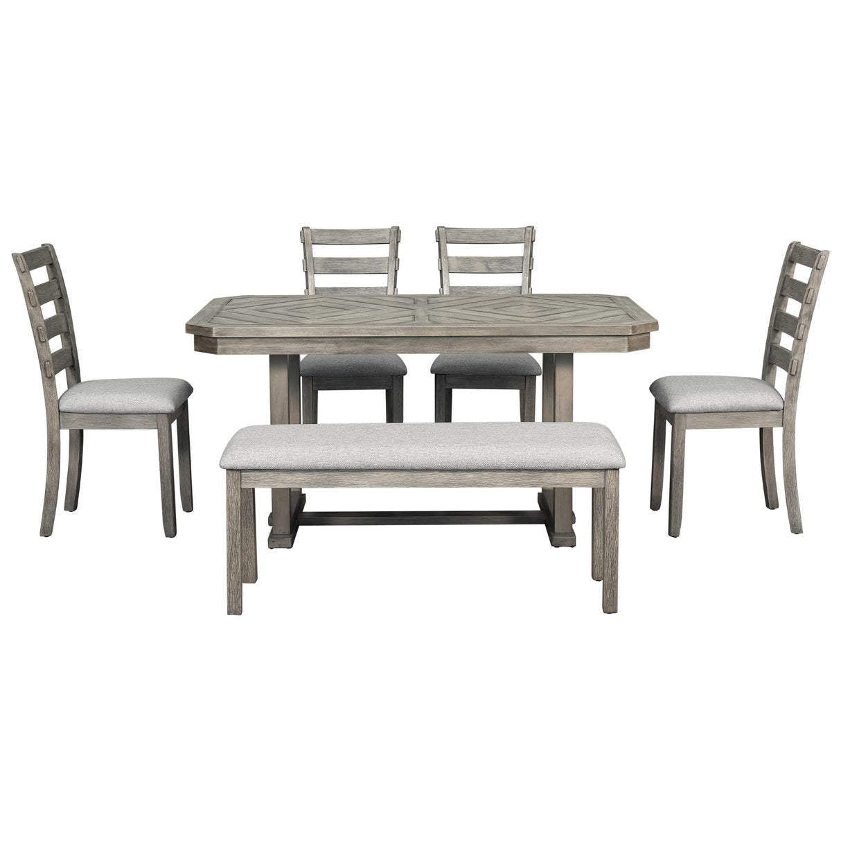 6, Rectangular Dining Table with Upholstered Chairs and Bench, 6-Piece Table Set for Dining Room and Kitchen, Retro Dining