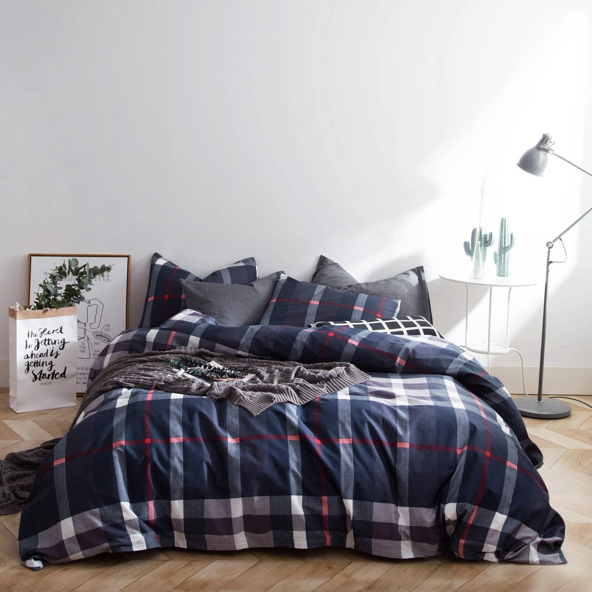 Plaid Duvet Cover Queen 100% Cotton Navy Blue Tartan Grid Duvet Cover 3 Pieces Set 1 Soft Checkered Gingham