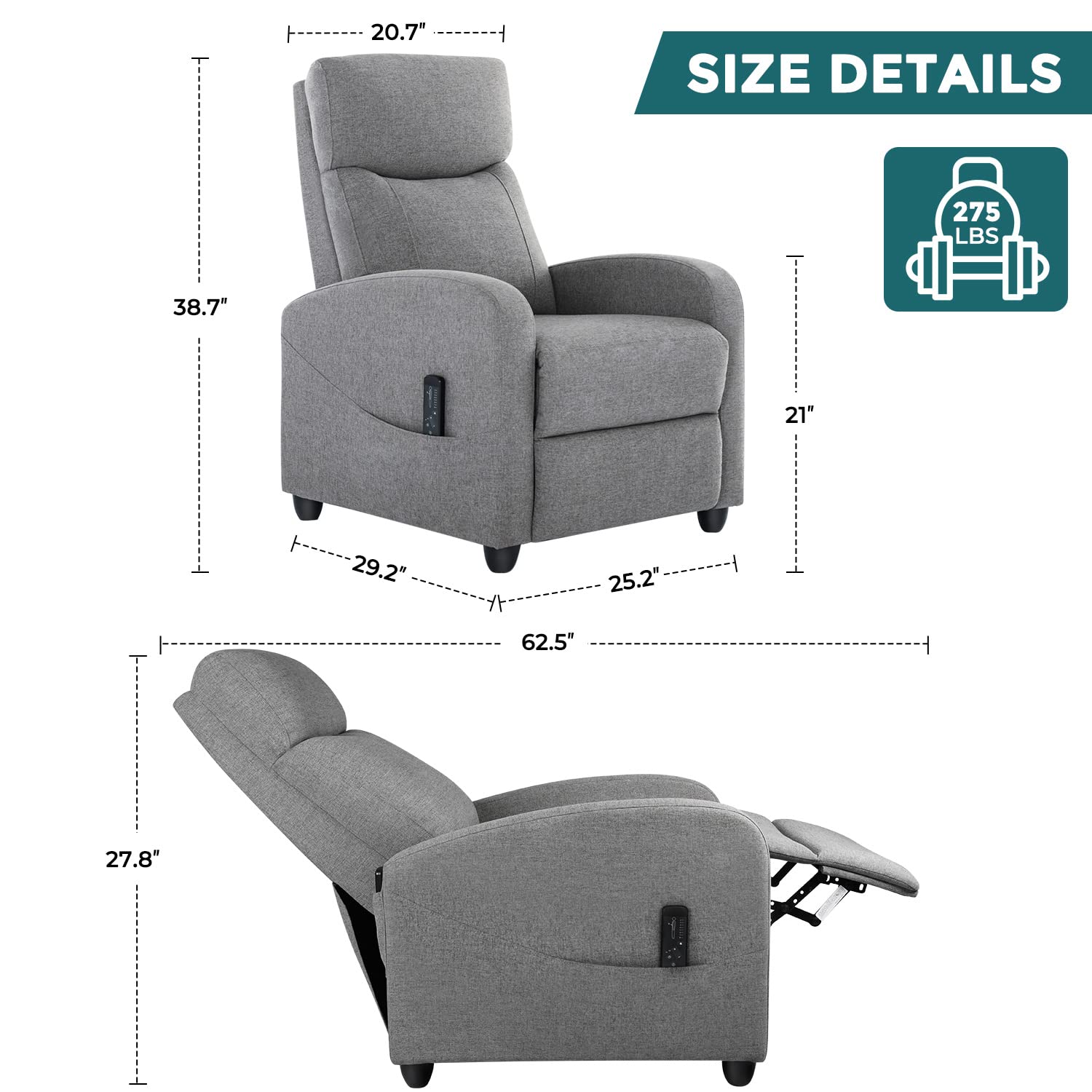 EaseNest Massage Recliner Chair – Fabric with Footrest & Wing Back Design
