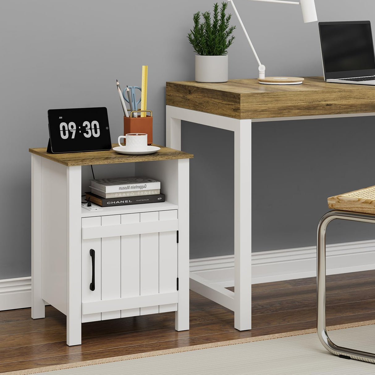 White Nightstand,Large End Table with Charging Station, 15.7''Lx17.7''Wx23.6‘’H