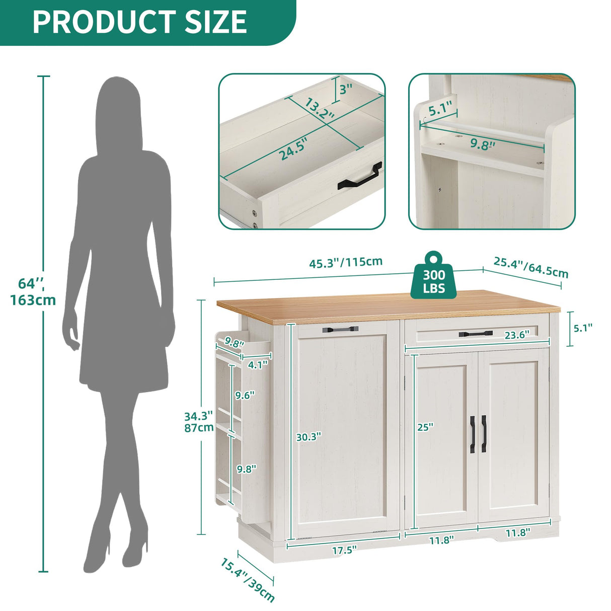 50 Inch Rolling Kitchen Island with Trash Can Storage Cabinet & Drop Leaf