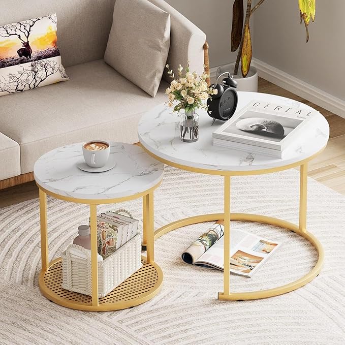 Nesting Coffee Table Faux White Marble for Small Place 24 in 2 Sets High Side End Sofa Table