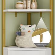 71" Tall Corner Shelf, 6-Tier Corner Bookcase, Gold Bookshelf with Storage Cabinet, Modern Display Shelf, Free Standing Storage Rack Plant Stand for Living Room, Home Office, White