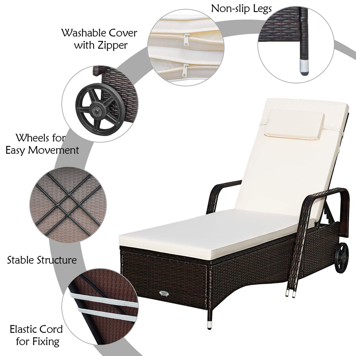 HAPPYGRILL Patio Chaise Lounge Outdoor Rattan Wicker Recliner Lounger Chair with Cushion and Wheels for Balcony Garden Poolside