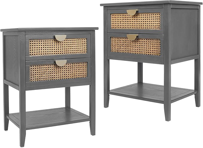 Rattan Nightstands Set of 2 - Night Stand with Drawers, Accent End Table