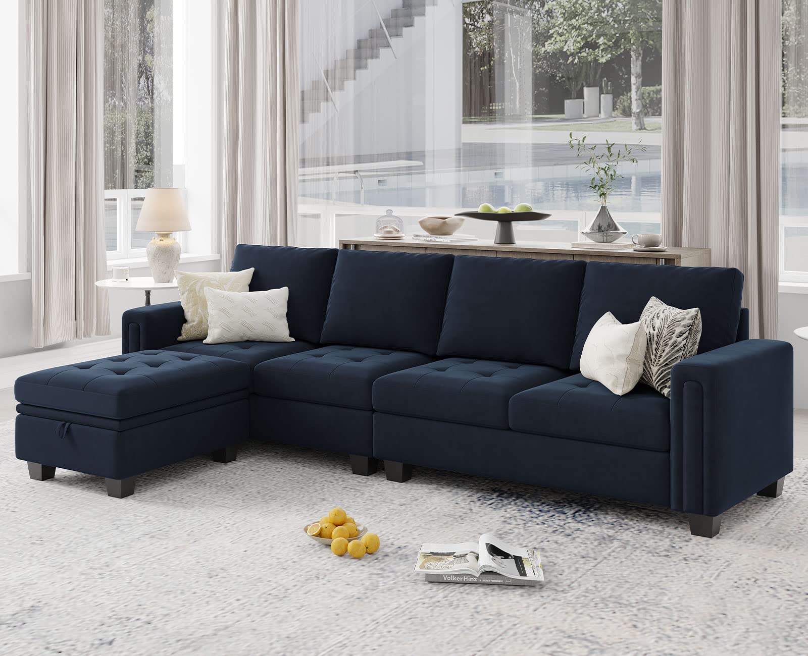 Velvet Reversible Sectional Sofa with Chaise Convertible
