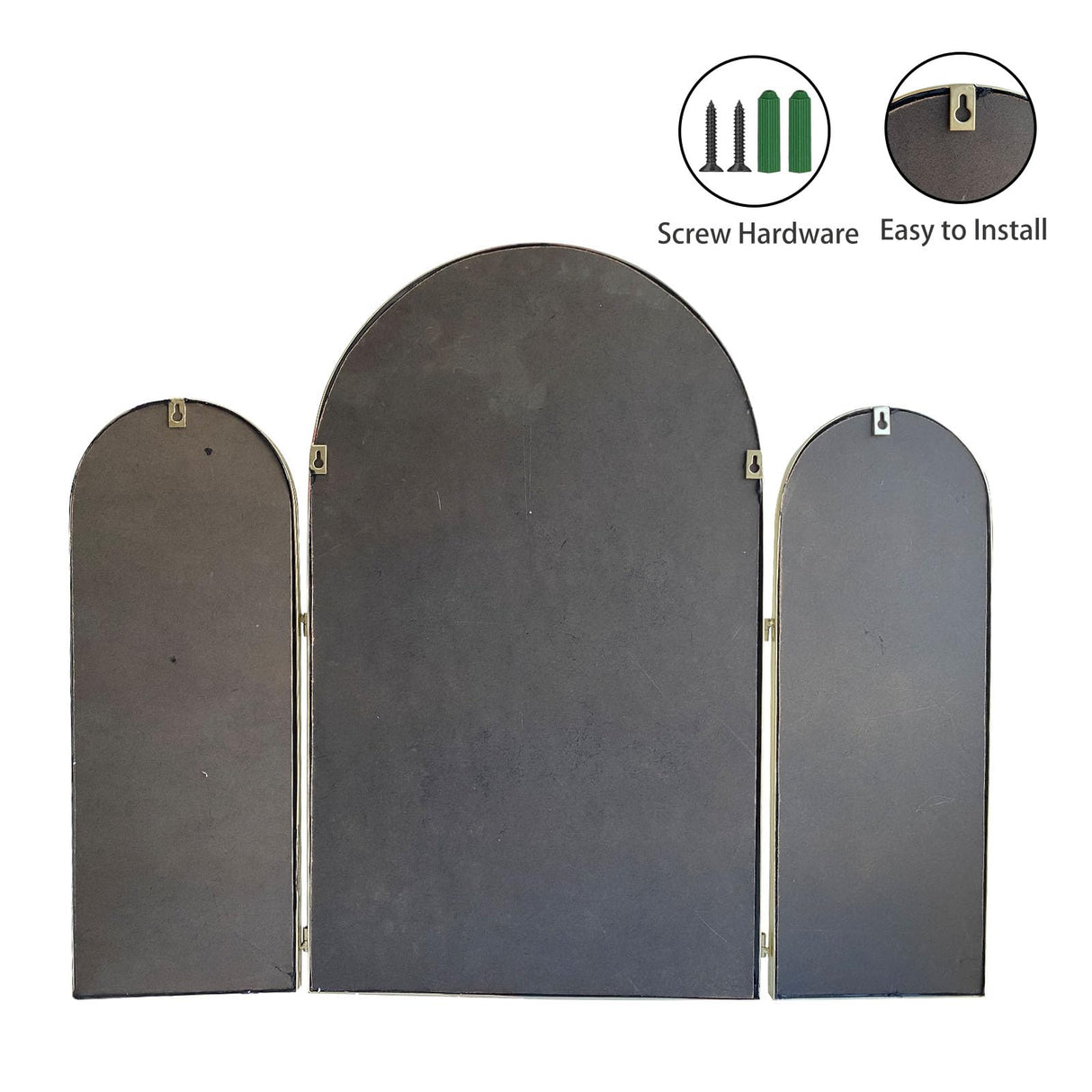 Trifold Vanity Mirror 3-Way Adjustable 30x37 Inch - Champagne Gold Arch Wall Mounted