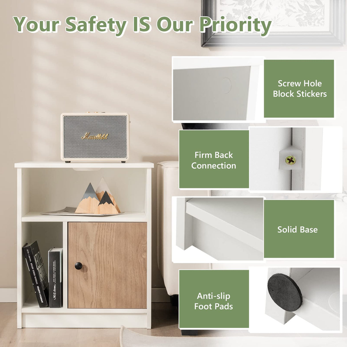 Nightstand Set of 2, Wooden Sofa Side End Table