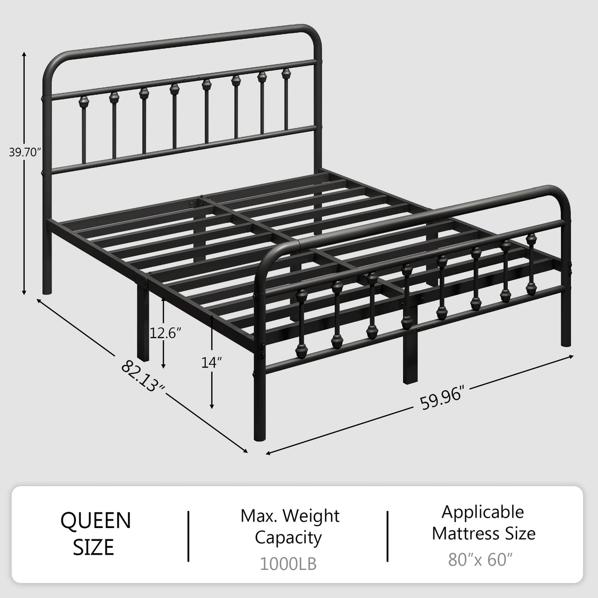 Queen Size Metal Platform Bed Frame with Victorian Headboard