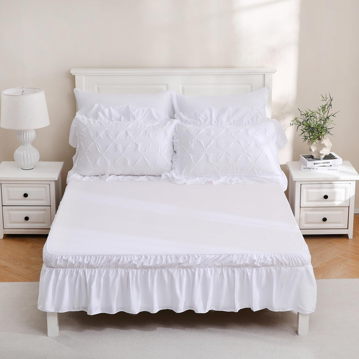 Pinch Pleated Comforter Bed in A Bag Queen 10 Pieces White Ruffled Comforter Set Pintuck Bedding Set