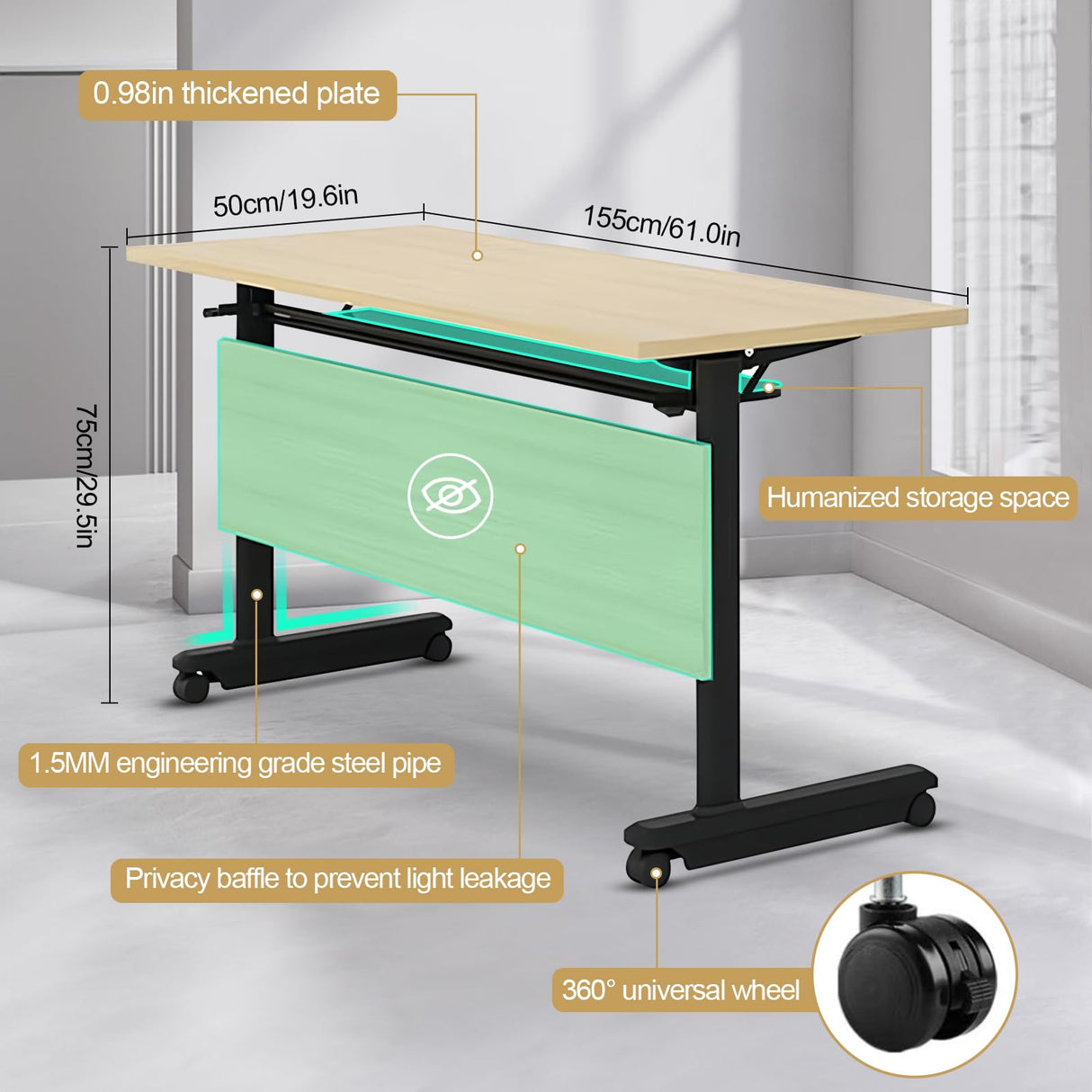 Table,Modern Wood Color Office Folding Flip Top Mobile Training Table with Chair 61"