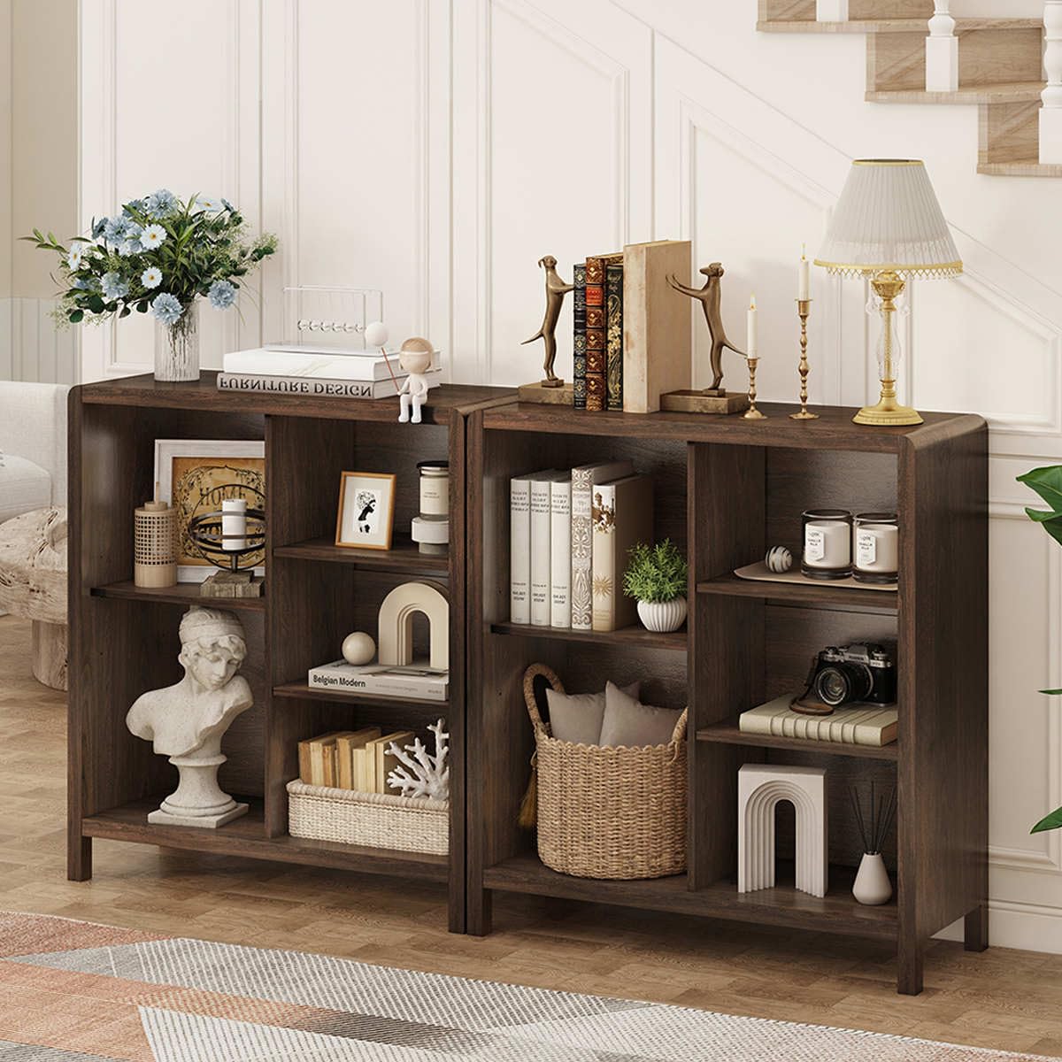 5 Cube Bookshelf, Wood Bookcase with 3 Adjustable Shelves