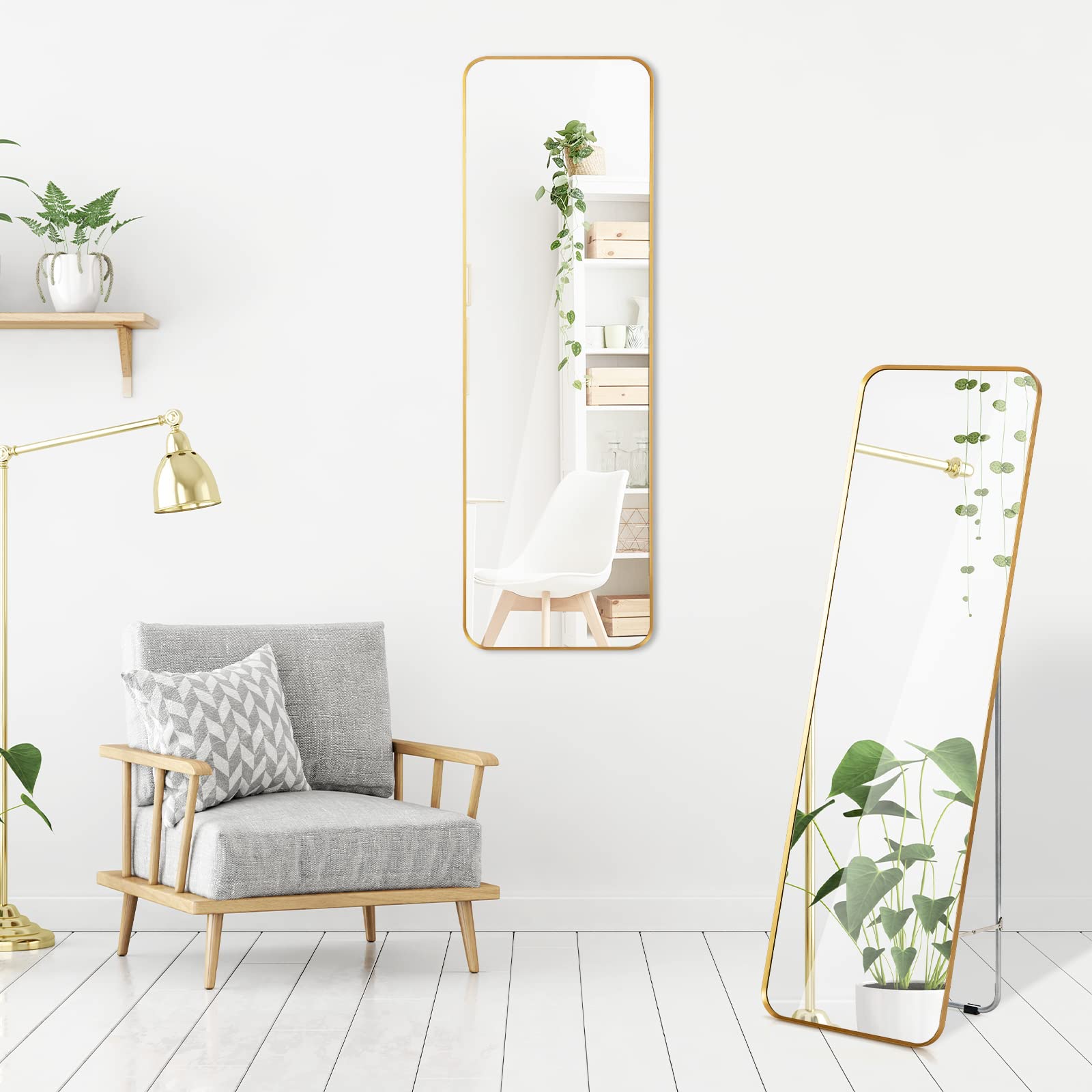 Full Length Wall Mounted Mirror w/Stand, Gold Steel Frame Floor Mirror with Explosion