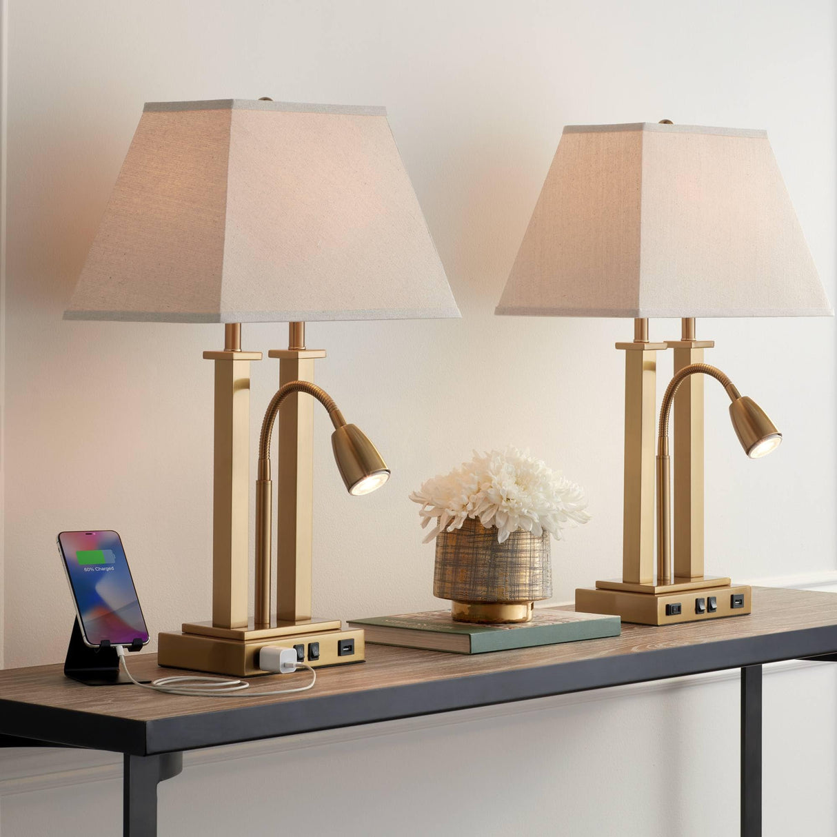 Deacon 26" High Traditional Desk Lamps Set of 2 USB Port AC Power Outlet Gooseneck