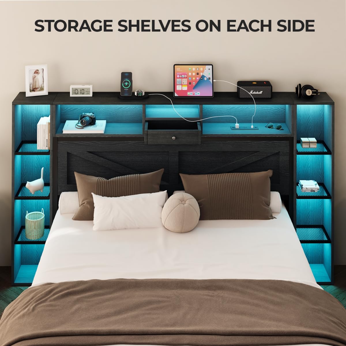 Queen Bed Frame with Bookcase Headboard and Charging Station