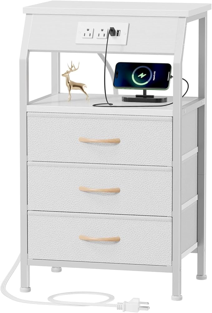 Night Stand with Charging Station, Small Bedside Table with Wood Shelf, End Table