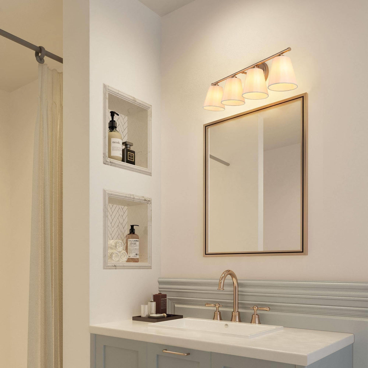 Gold Bathroom Light Fixtures, 4 Light Modern Vanity Lights with White Fabric Shades