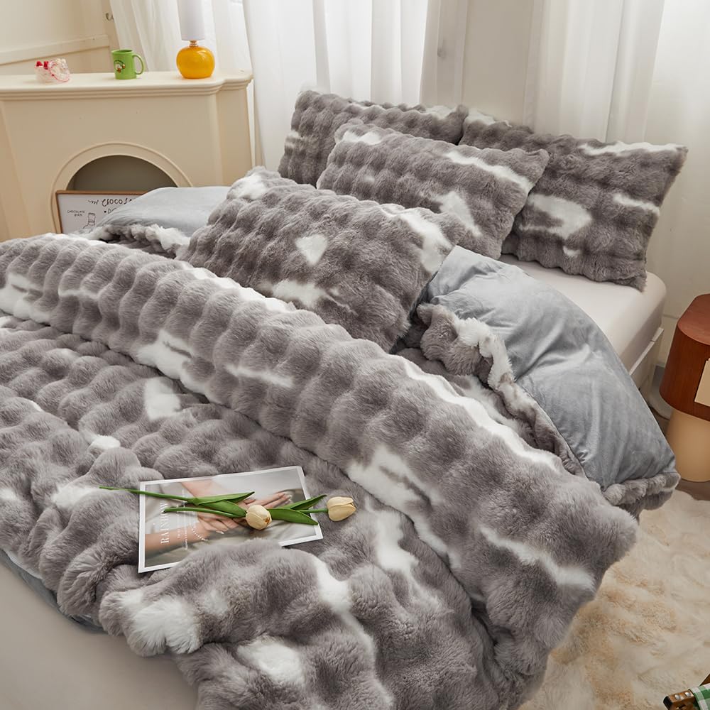 Rabbit Plush Gray White Faux Fur Duvet Cover Comforter Cover Queen