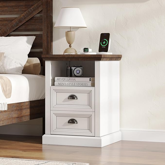 Farmhouse End Table with Charging Station, Nightstand