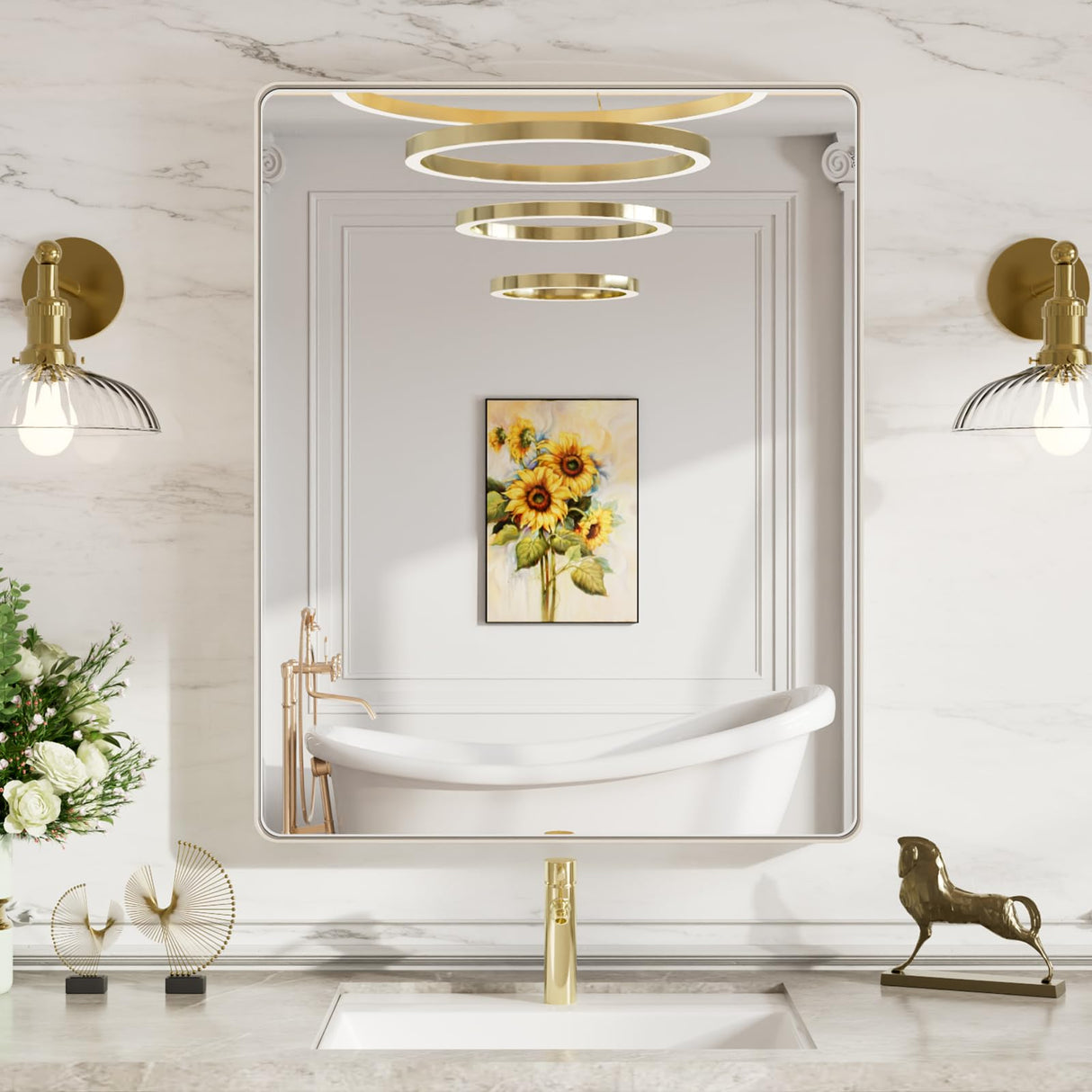 Bathroom Mirror, Rounded Rectangle Silver Metal Frame Mirror