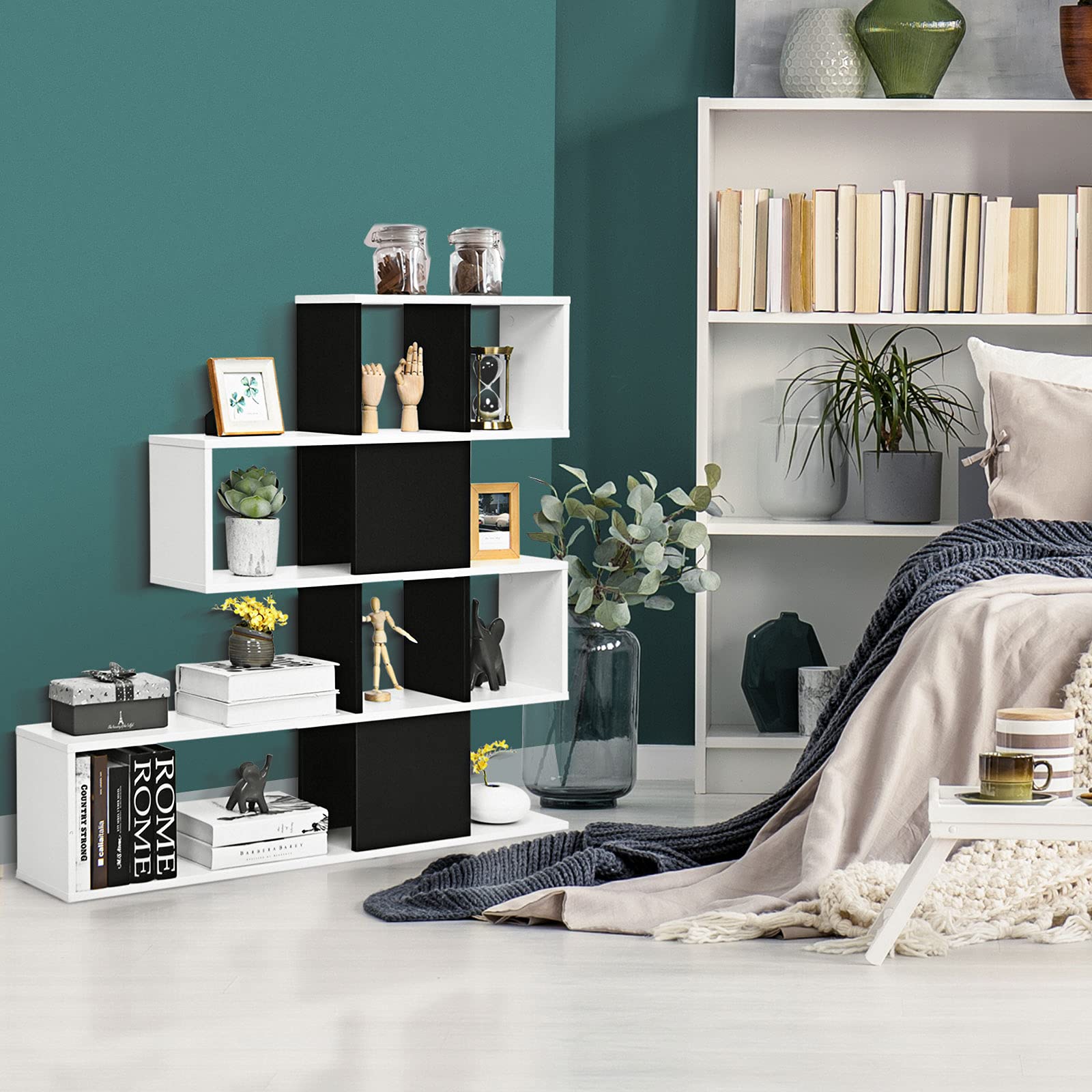 8 Cubes Bookshelf, Modern Ladder Corner Bookcase, 8-Cube Open Stepped Storage Bookcase, 5-Tier Display Shelf for Home Office, 47 x 8 x 43 Inch, Living Room Divider Bookcase