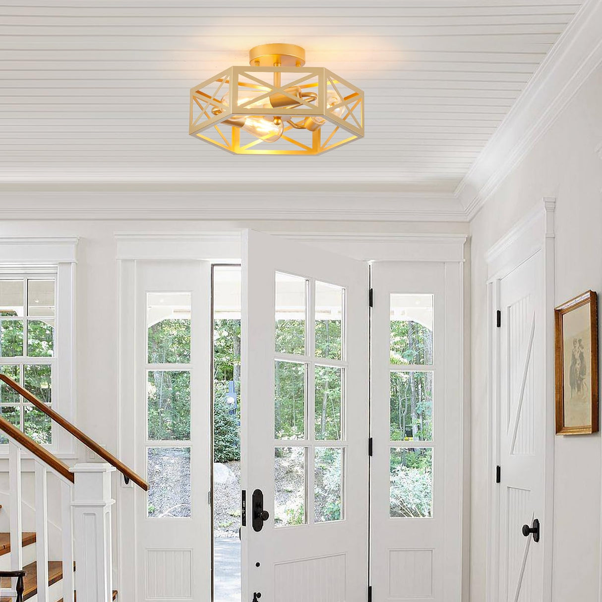 Modern Gold Flush Mount Light Fixture, 3 Light Hallway Light Fixtures