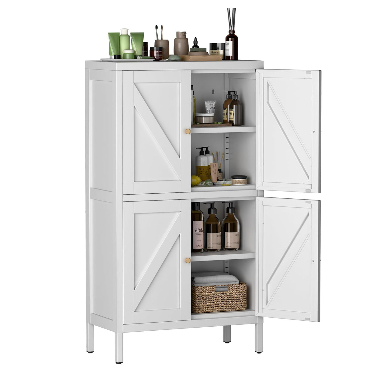 43.3''H Metal Bathroom Floor Storage Cabinet with 4 Doors & Adjustable Shelves