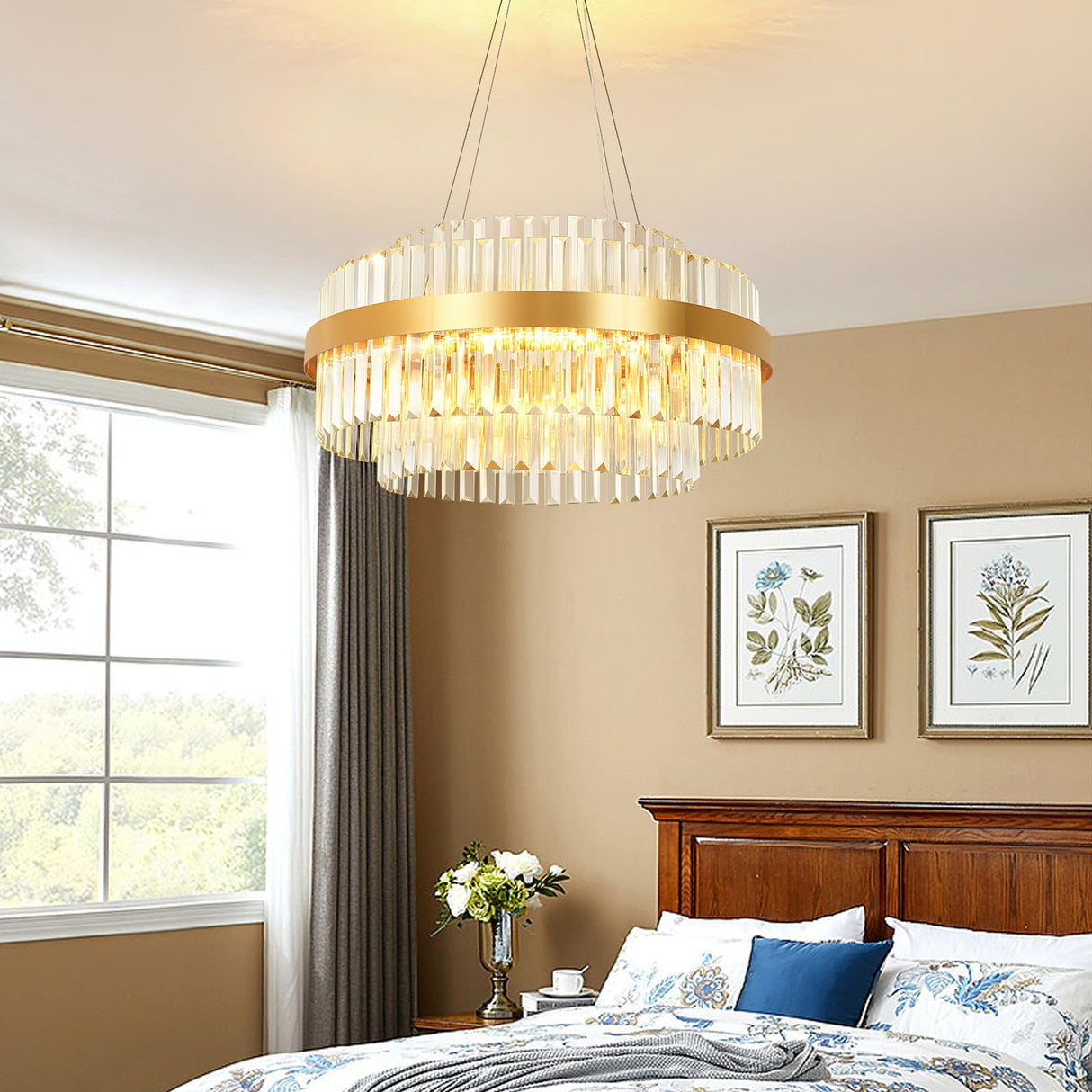 Modern Crystal Chandelier Gold, LED 3-Color Change Pendant Lights Fixture
