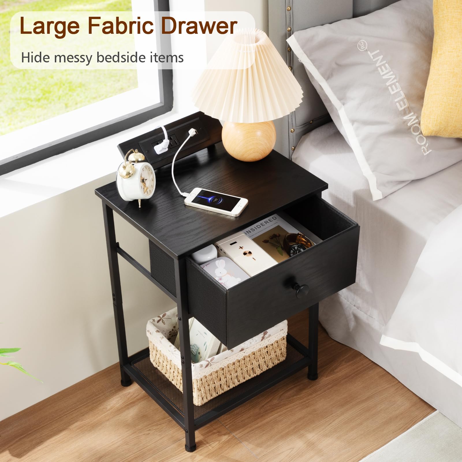 Night Stand, Black Nightstand Set of 2