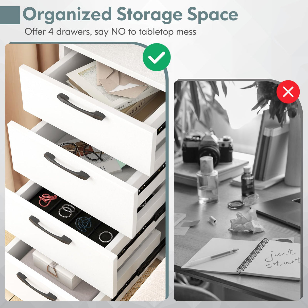 White Computer Desk, 43.5’’ Writing Desk with 4 Large Drawers, Modern Executive Desk,