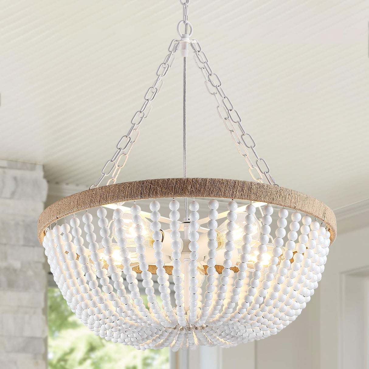 5 Lights White Bohemia Wood Beaded Chandelier, Farmhouse Boho Chandelier Light