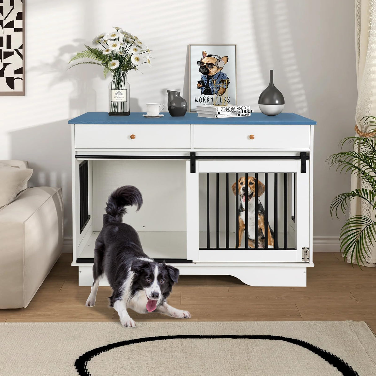 Double Dog Crate Furniture with Storage Drawers & Sliding Barn Door