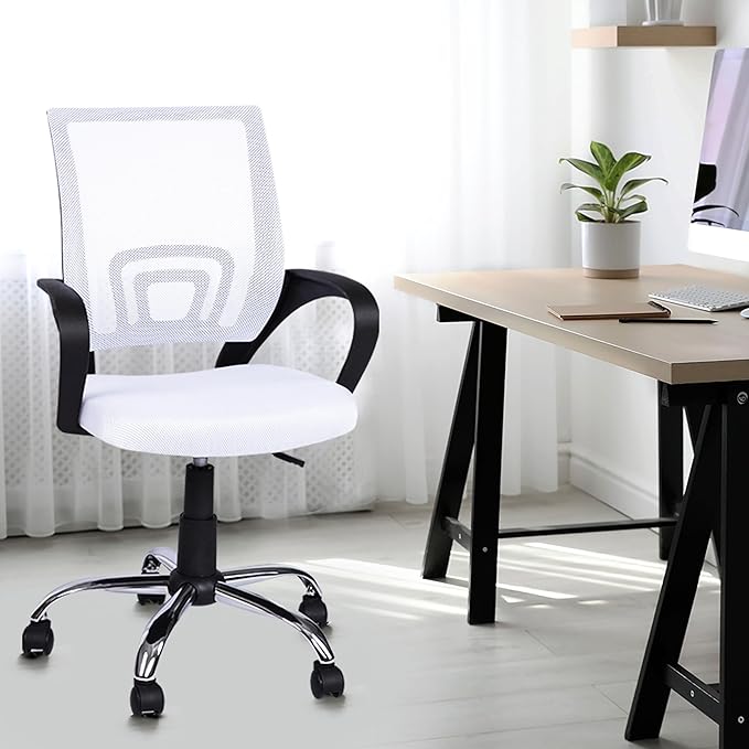 Office Desk Chair with Adjustable Lumbar Support – Comfortable Swivel Computer Chair, Rolling Task Chair for Home Office, White Executive Chair with Wheels - Blue