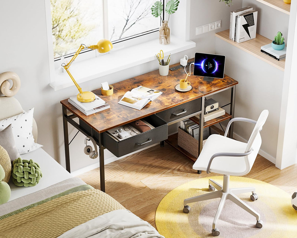 Laptop Desk, 40 Inch Small Desk with Drawers & Power Outlet for Bedroom