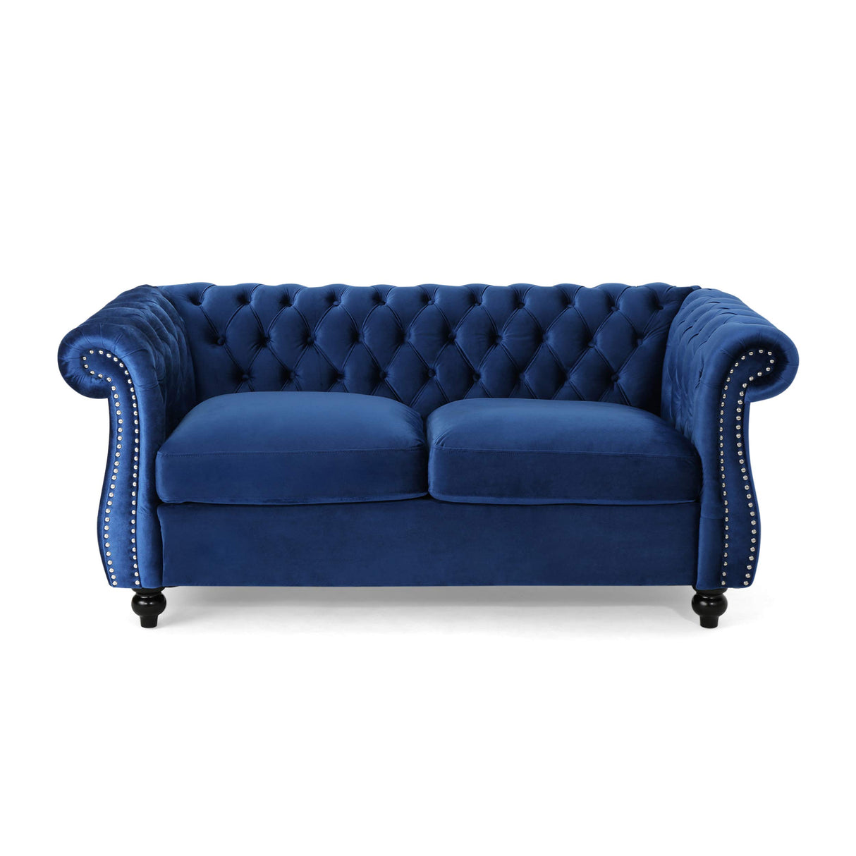 Karen Traditional Chesterfield Loveseat Sofa, Navy Blue and Dark Brown, 61.75 x 33.75 x 27.75