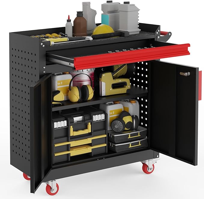 Rolling Garage Cabinets, Garage Storage Cabinet with Wheels and Workbench