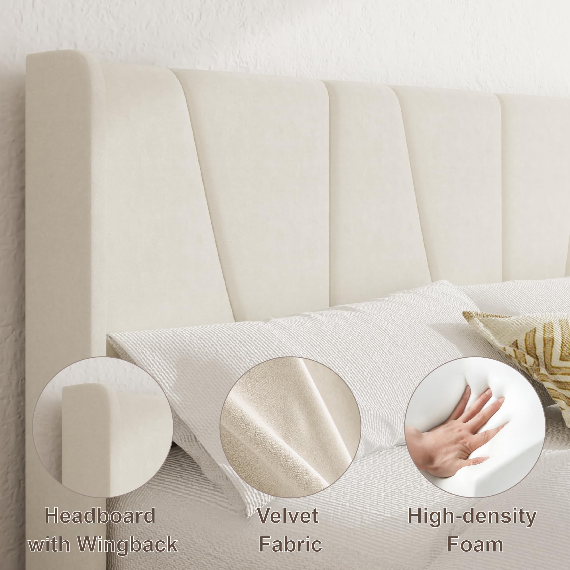 SwnftWinnt Full Bed Frame with Storage Drawers, Upholstered Platform Bed with Wingback Headboard, Solid Wooden Slats Support, Easy Assembly, No Box Spring Needed, Beige