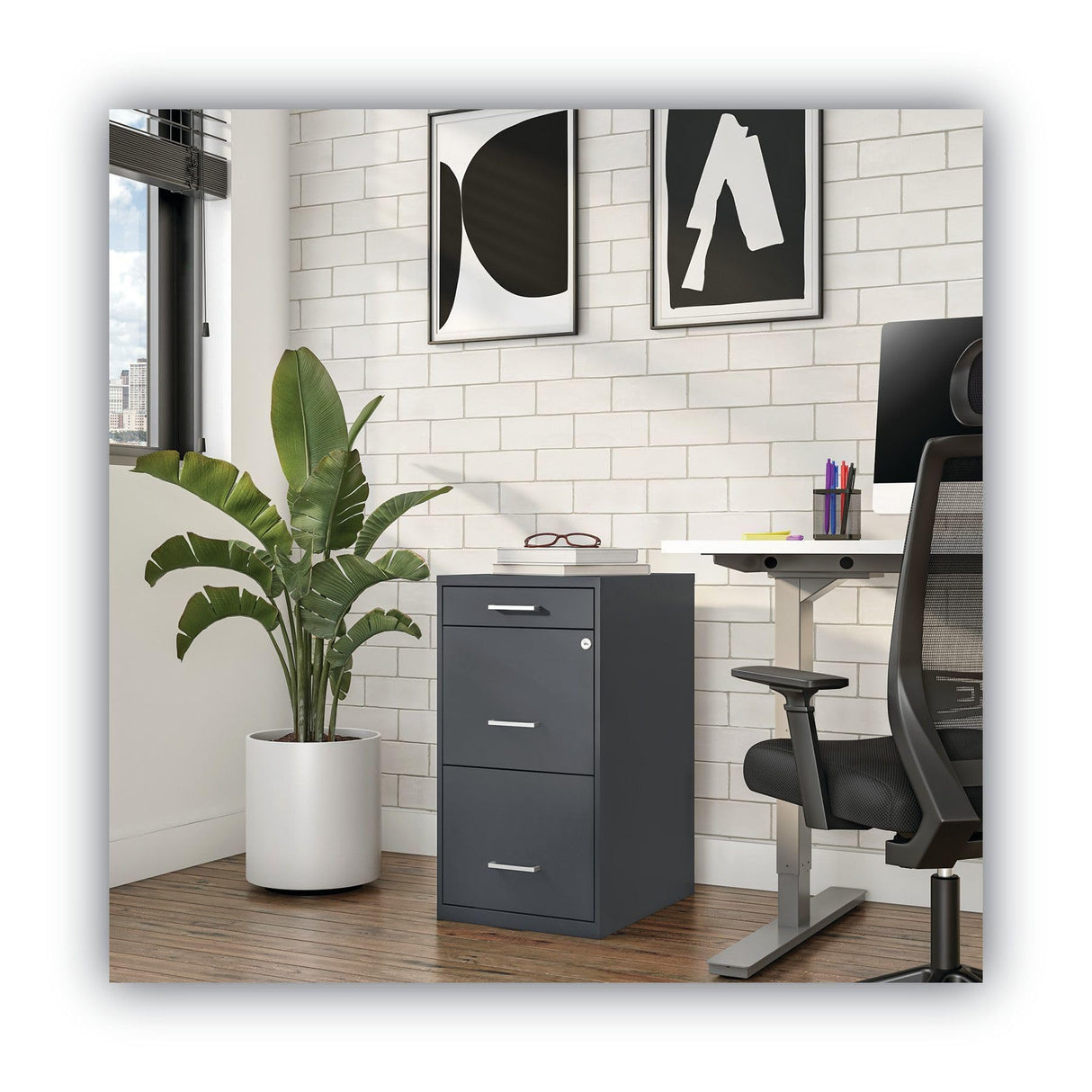 Soho Vertical File Cabinet, 3 Drawers: Pencil/File/File, Letter, Charcoal, 14" X 18" X 26.9"
