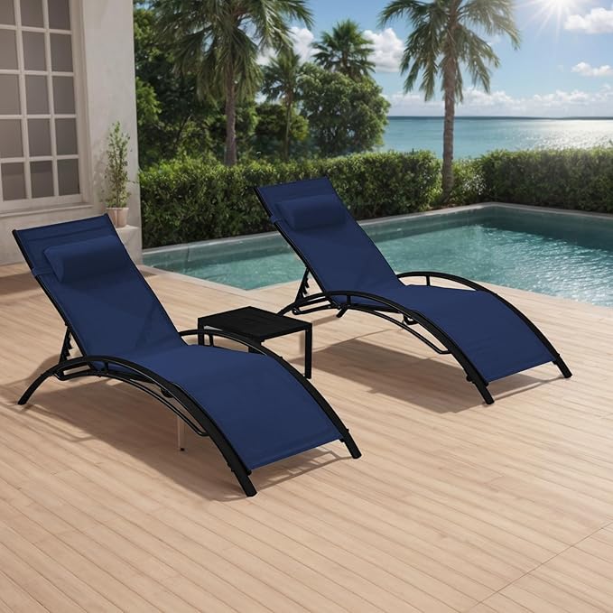 3, Pool Lounge Chairs with Pillow, Side Table & 5-Position Adjustable Backrest, Sunbathing