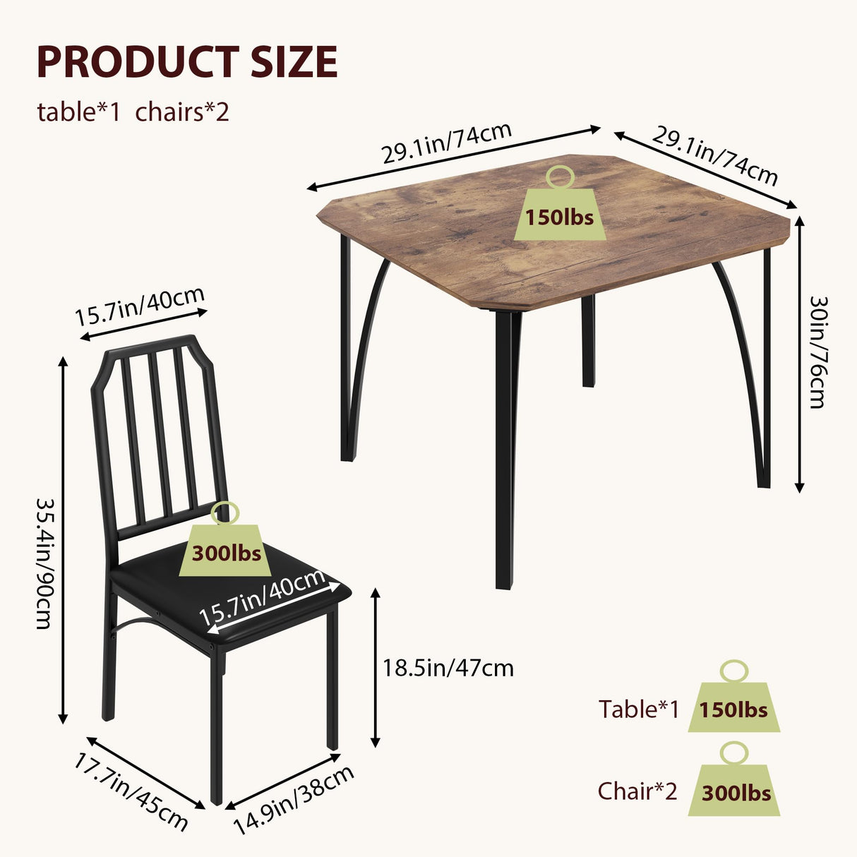 Dining Table Set for 2, Kitchen Table and Chairs for 2 with with Chamfer Design, 3