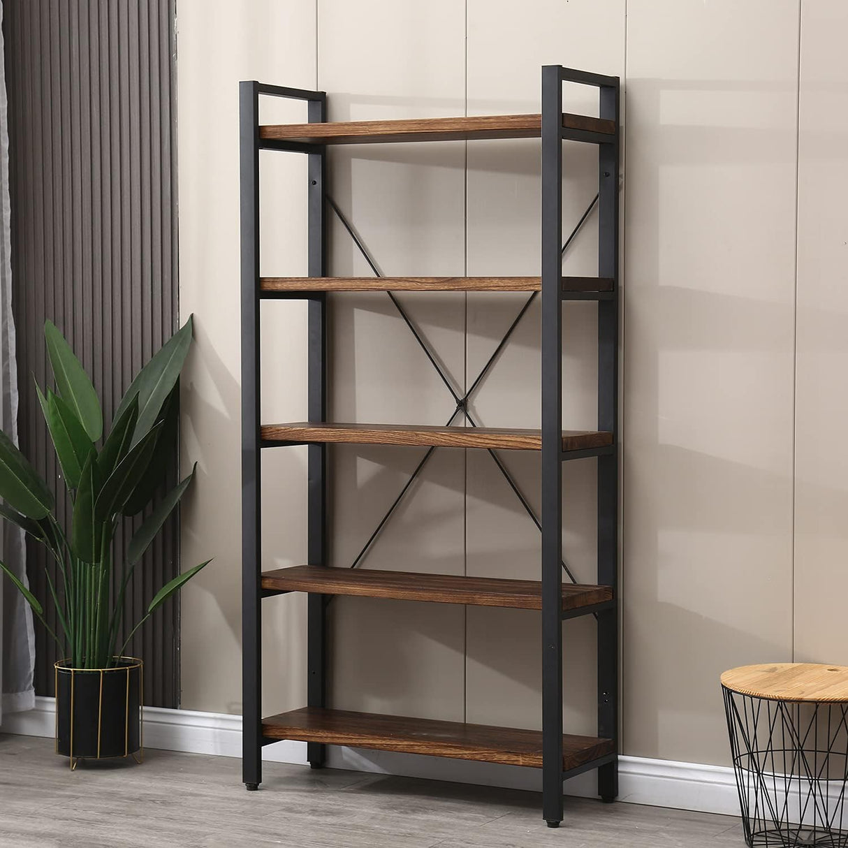 5 Tier Bookcase, Solid Wood Bookshelf Rustic Vintage Industrial Etagere Bookcase