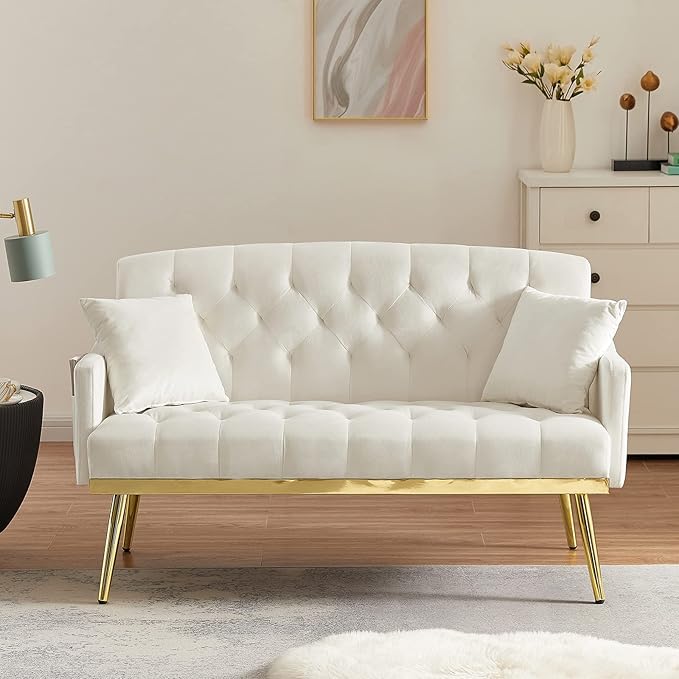 Velvet Loveseat Sofa, Modern Small Sofa Couch with Side Pocket and Golden Metal Legs