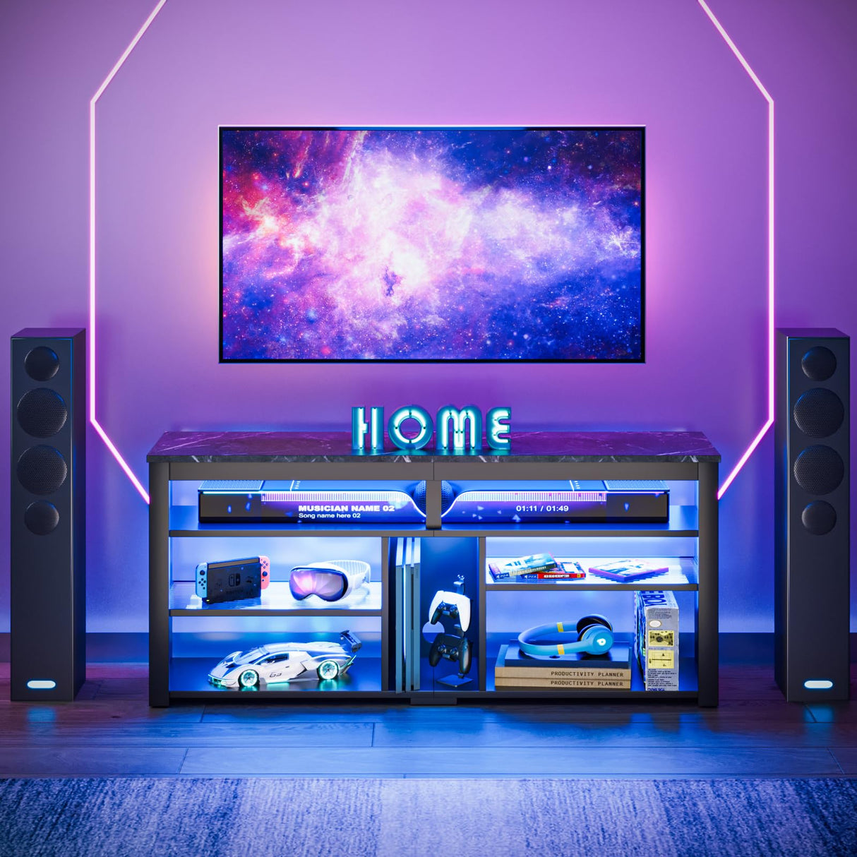 LED Tall Entertainment Center, 55/60/65 inch TV Stand with Storage for PS5 Xbox