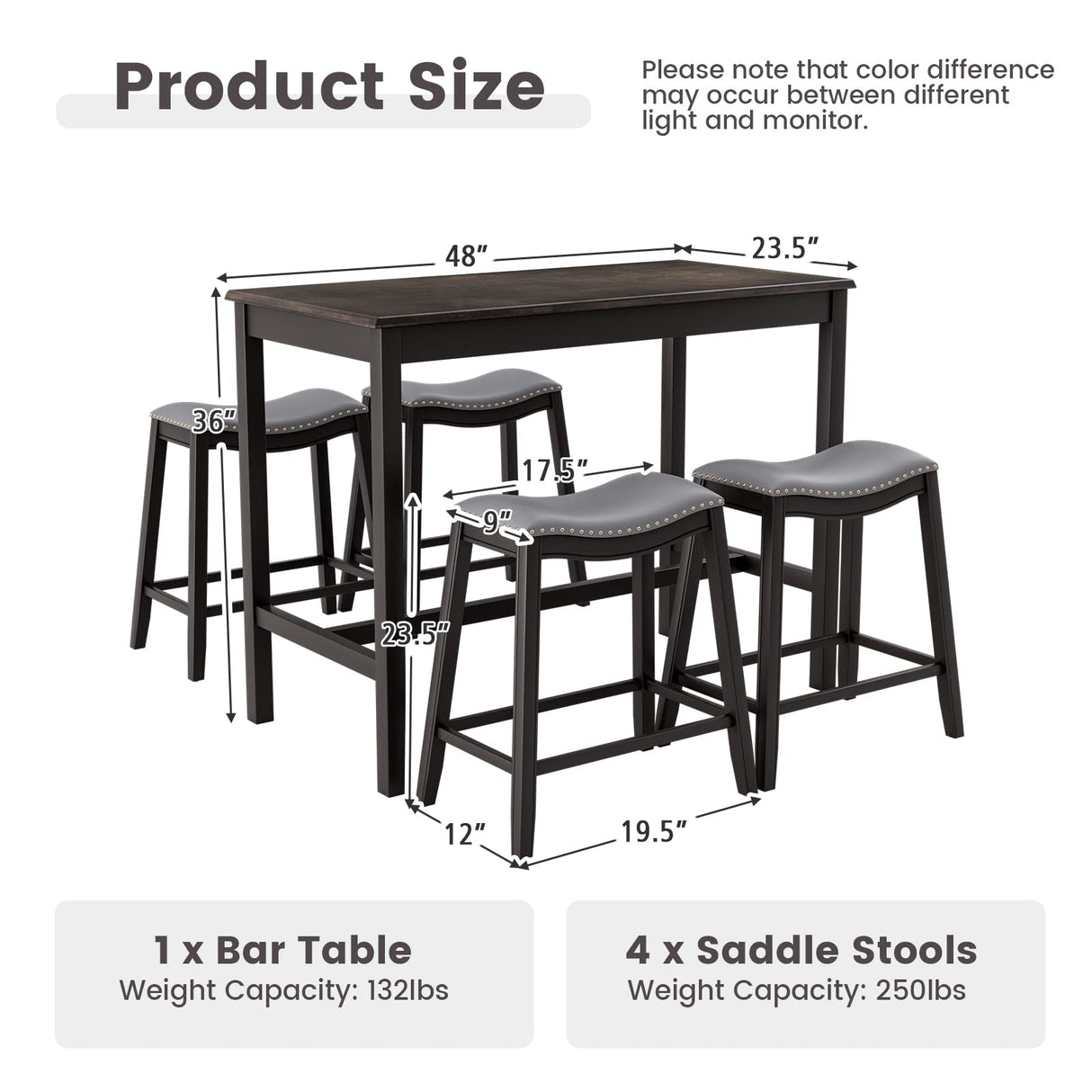 5 Pieces Bar Table Set, Bistro Table Set for 4, Counter Height Pub Table